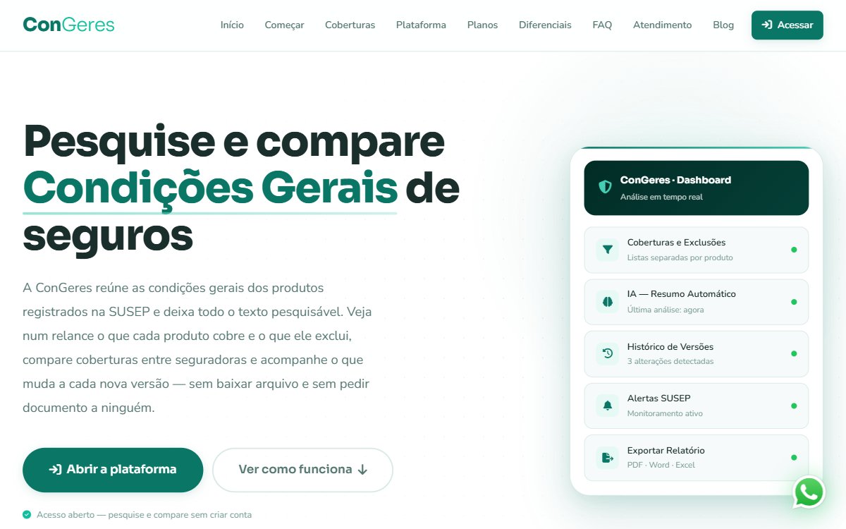Página inicial do ConGeres, plataforma de pesquisa de coberturas de seguros