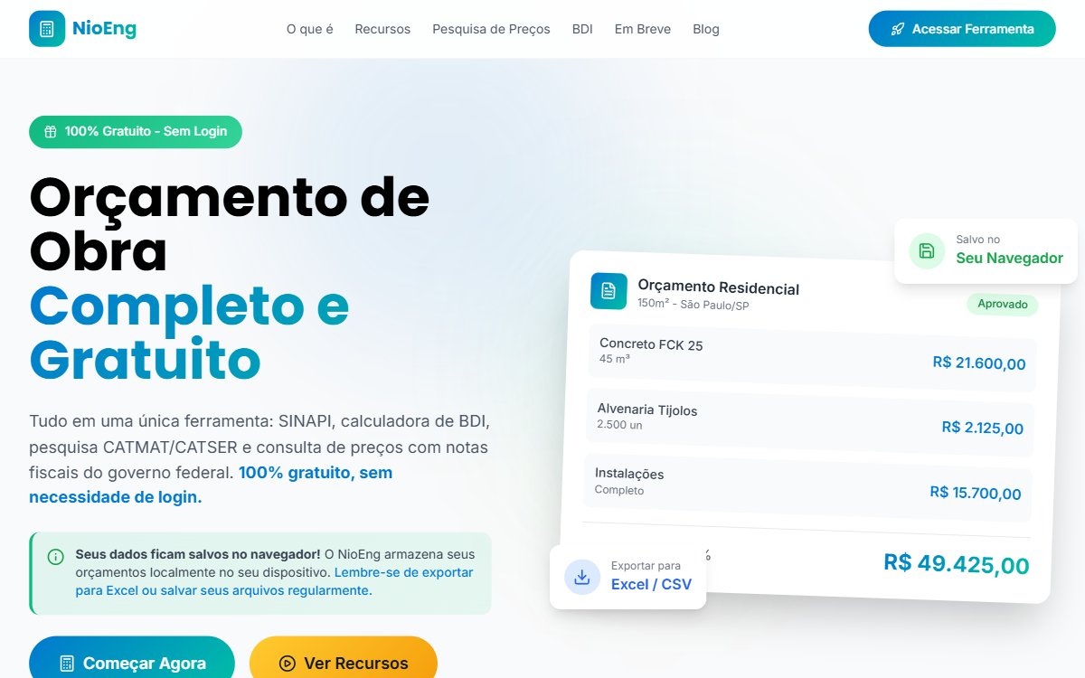 Página inicial da plataforma NioEng, com acesso às ferramentas de orçamento